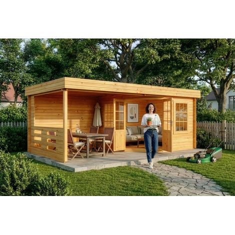 Alpholz Gartenhaus Hanna Gartenhaus aus Holz in Pinie, Holzhaus mit 34 mm Wandstärke inklusive Terrasse, Blockbohlenhaus mit Montagematerial