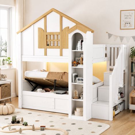 Letto a castello 90x200 cm+90x200 cm, con letto inferiore sollevabile idraulico, scala contenitore, LED, pino, bianco (1/5)