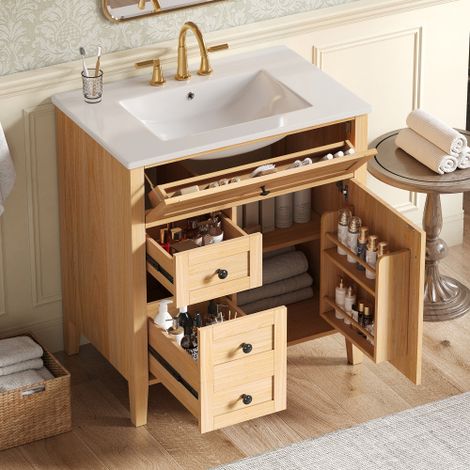 Lavabo 30 pollici con venatura del legno naturale e lavabo in ceramica, piedi in legno massello, meccanismo a chiusura ammortizzata, cassetto ribaltabile e ripiano contenitore sull'anta, ripiano regol (1/5)