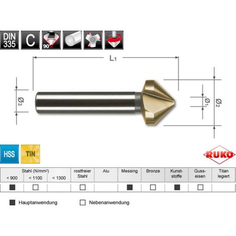 RUKO Fraise conique et à ébavurer DIN 335 Forme C 90° HSS-TiN, rectifiée Diamètre de la fraise Ø2 : 10.4 mm (1/2)