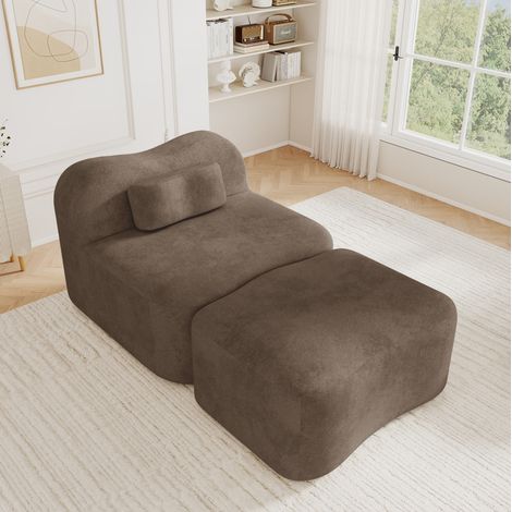 Fauteuil modulable sans structure avec pouf en velours marron 167 x 96 x 70 cm OKWISH (1/5)