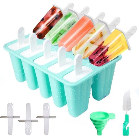 Moule Glace 10 Cavités, Avec Batonnet Glace, Brosses Et Entonnoirs Pliants, Silicone Moule à Glace Pour Glace, Sans BPA (Vert) (1/5)