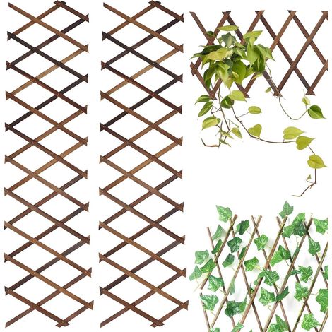 Lot de 2 treillis de plantes extensibles - 140 x 36 x 0,5 cm - Treillis en bois - Couleur bois - Treillis de jardin en bois - Cloison de séparation pour plantes grimpantes - Pot de fleurs suspendu (1/5)