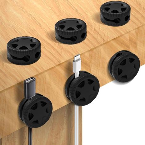 JSSEVN - Set of 6 cable clips - Black desktop cable organizer with double groove, self-adhesive cable holder for USB charging cable (1/5)