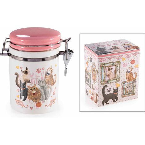 Barattoli alimentari in ceramica decori gatti e tappo ermetico, in confezione regalo, set da 4 pezzi, cm 13,5 x 9,5 x 15 H