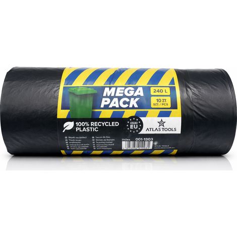 Sacchi per rifiuti universali Atlas Tools, resistenti, grandi, 100x150 cm, 240 litri, confezione da 10 pezzi.