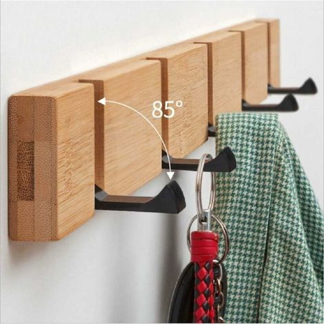 Pliable Patères en Bois Naturel, Porte-Manteau Mural avec 5 Crochets Étagère Murale Range-courrier Auto-adhésif Accroche clé Organiseur Muraux en Bois pour Salle de bain (1/5)
