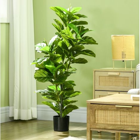 Pianta artificiale Ficus 110 cm con 90 foglie e vaso, plastica verde, OKWISH (1/5)