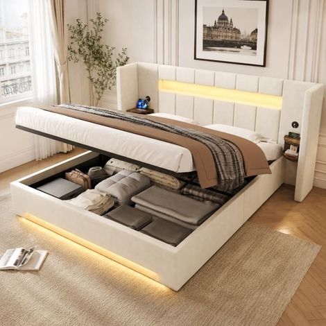 Lit coffre - SOGEU - 160 x 200 - tête de lit large - 2x USB & LED - mécanisme hydraulique (1/5)