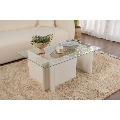 Calicosy – Table basse fixe en verre trempé 105 x 65 x 40 cm – Structure en panneaux de particules mélaminés – Bois blanc moderne (1/8)