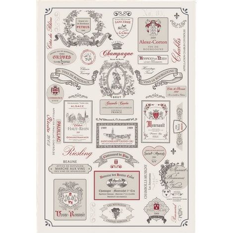 Torchon de Cuisine 100% Coton Écru Motif Étiquettes de Vin Essuie-Vaisselle 48 x 72 cm - PANGIVO
