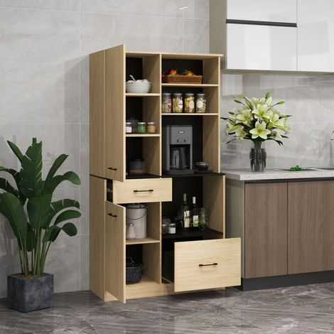 Mobile da cucina con 2 cassetti, 2 ante, 4 ripiani a giorno, stile moderno, 90x40x170 cm, rovere e nero.