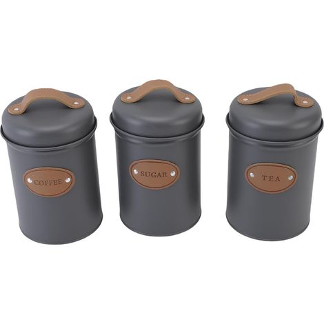 Set of 3 Tin Cans with Handle Lids and Label Badges for Storing Coffee, Tea and Sugar, Airtight Food Containers for Organization (1/5)
