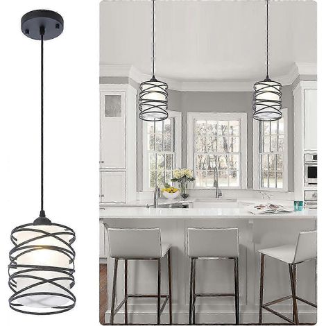 Suspension moderne miniature 25-26 pouces pour îlot de cuisine, abat-jour en verre soufflé dépoli noir mat et cage en spirale noir mat. (1/3)