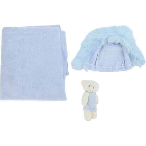 Ensemble photo bébé adorable : chapeau bleu clair, lange douce et poupée ours – tenue nouveau-né hypoallergénique, peau délicate (1/5)