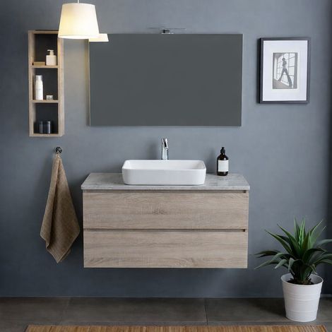 Mobile Bagno Sospeso 80Cm Rovere Con Top Beton, Specchio 80X60 E Lampada  Berlin