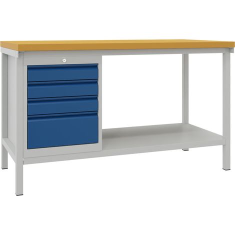 Pavoy Werkbank, 1500x700x900 mm, 1 Schubladenblock, 1 Boden, RAL 7035/5010 (1/2)