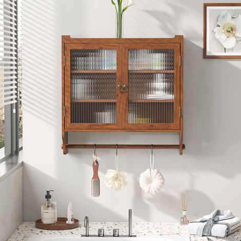 Armoire murale 63x18x60 cm marron en bois massif, MDF et verre avec 2 portes, 3 niveaux et étagères amovibles (1/5)