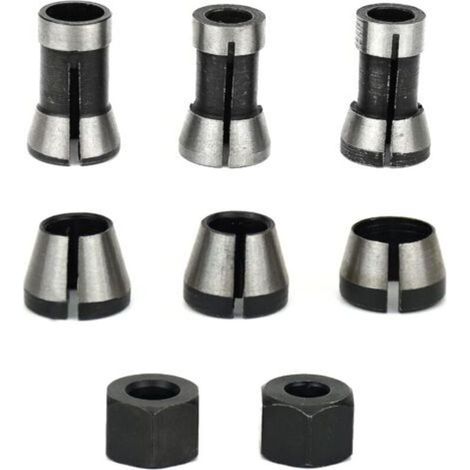 Mandrin de fraisage – jeu de 6, pince de serrage affleurante (6 mm, 6,35 mm, 8 mm), pince de toupie, adaptateur de pince (1/4)
