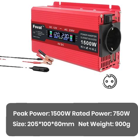 Onduleur, Onde Sinusoïdale Modifiée, Ports USB Doubles, 1500W 12V rouge (1/2)