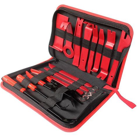 Kit d'outils Vislone de 19 pièces pour le démontage des panneaux de garniture des autoradios et des panneaux de porte de voiture, comprenant une pince pour retirer les fixations et un outil de levier.