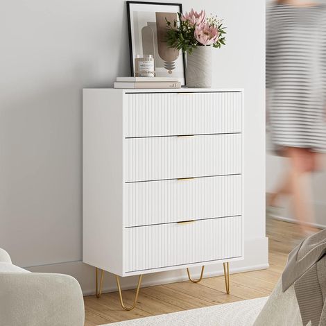 Kommode Weiß mit 4 Schubladen, Holz Schubladenschrank mit Gold Bein, Modern Boho Beistellschrank (1/5)