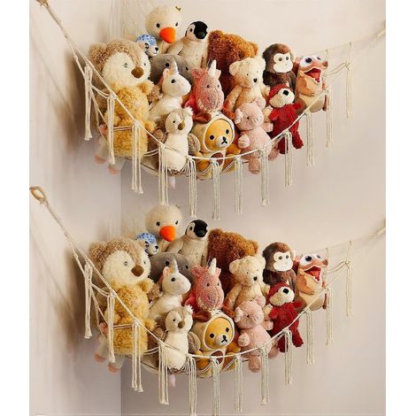 Lot de 2 filets ou hamacs pour peluches, support de rangement suspendu, filet de rangement pour peluches d'angle, décoration bohème. (1/5)