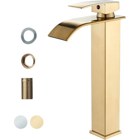 Basin Tap High Arc Tall Basin Mixer tap Commercial 1-Hole Brass Single Lever Deck Mounted,Brushed Gold (1/5)