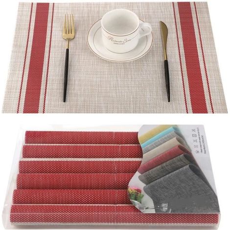 Sets de Table,Sets de Tables PVC Lavables Antidérapant Résistant à l'usure à la Chaleur,Facile à Nettoyer et Stocker,6pcs,rouge (1/4)