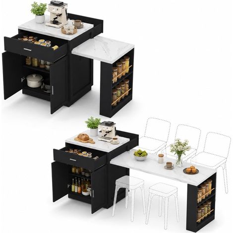 FurnitureR Marble Top Kitchen Island 211x55x89.5cm with Extendable Top (1/5)