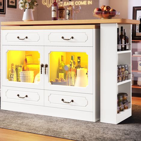 360° Rotating Kitchen Island Bar Table with App Controlled LED Lights, Buffet Sideboard with 4 Drawers & Glass Cabinet, Multifunctional Dining/Work Desk for Living Room & Kitchen