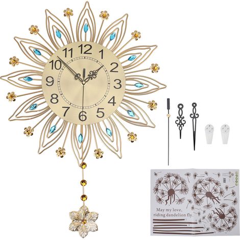 Horloge Murale Décorative - 43cm Silencieuse avec Pendule, Cadran Doré Chiffres Noirs, Métal et ABS, Style Moderne Élégant pour Salon (1/5)