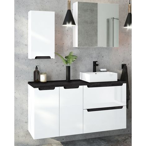 Badmöbel Set Hochglanz weiß mit Beton-Dunkel SOFIA-107 mit 40cm Keramik-Waschtisch & Spiegelschrank, B/H/T ca. 120/200/46 cm (1/5)