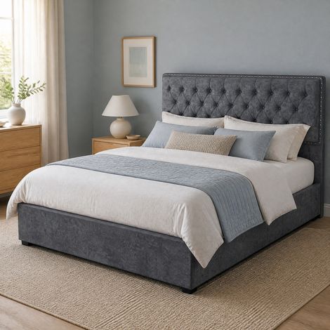 Lit 140x200 cm gris – coffre de lit avec vérins pneumatiques, sans matelas (1/5)