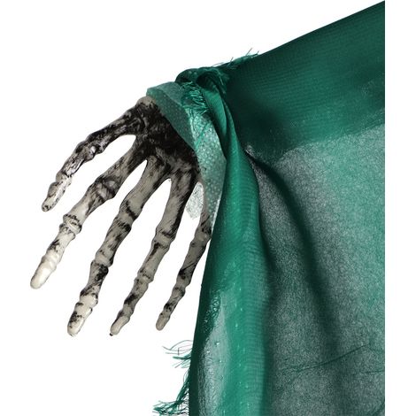 Realistische Halloween-Dekoration mit Skelett, gruseligem hängenden Totenkopf, Deko-Accessoires und grüner Kleidung (1/5)