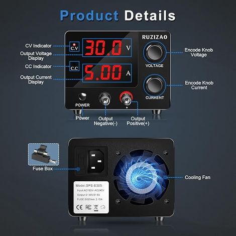 30V 5A Lab Power Supply Adjustable Stabilized with Portable Laboratory Precision Encoder 3 Digits LED Display Mini (1/4)