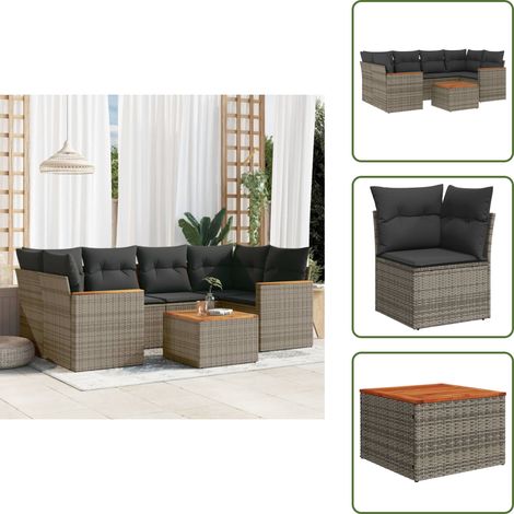 7-tlg. Garten-Sofagarnitur mit Kissen Grau Poly Rattan - Gartenmöbel Set - Outdoor Lounge - Rattan Gartenset - Esstisch - Sofasatz