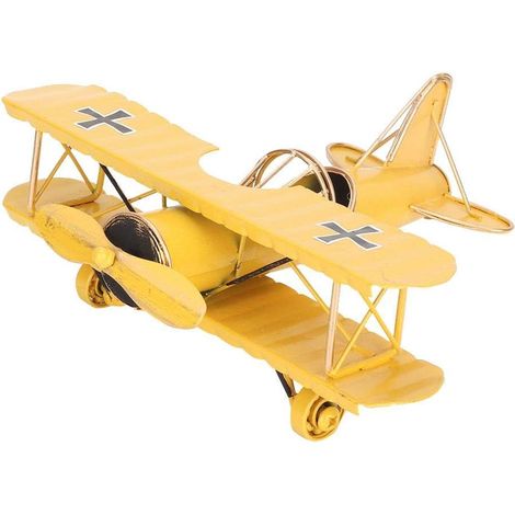 Avion Biplan - Modèle Métallique Vintage - Décoration Bureau Bureau Étude - Ornement Intérieur Salon Café - 21,5 x 17,5 x 9,5 cm - Jaune - 1 Pièce (1/5)