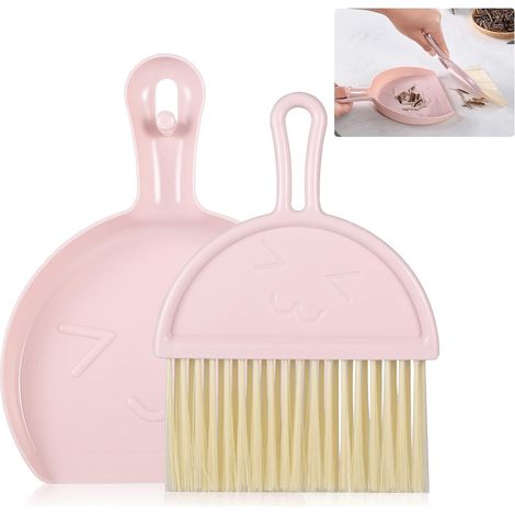 Mini pelle et balayette roses, ensemble balai et pelle à poussière portables, bord flexible (1/5)