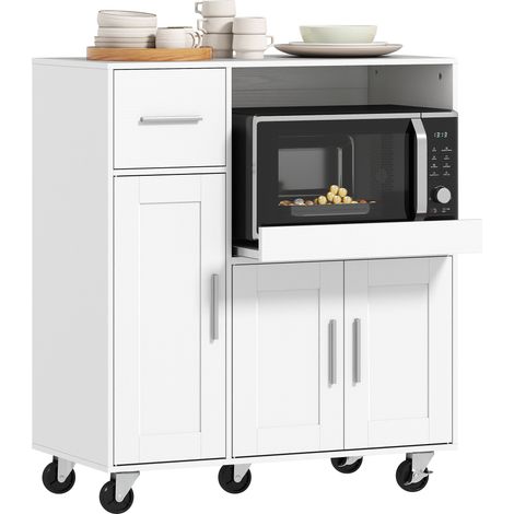 Homcom – Desserte de cuisine à roulettes – Plateau coulissant avec trou pour câble – Tiroir et placards 3 portes – Panneau de particules blanc – 80x40x88,7cm