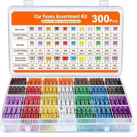 300Pcs Fusible Voiture Set,160 Mini Fusible Auto+90 Moyenne Fusible Automobile+50 Micro Fusible+Extracteur-pour Voiture/Camion/Moto (1/5)