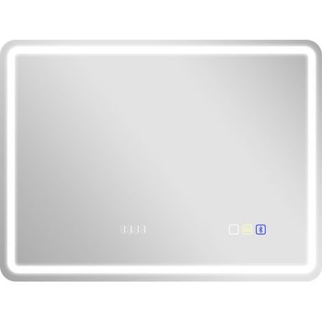 Miroir de salle de bains LED 80x60 cm, Bluetooth, 3 couleurs, horloge, anti-buée, mémoire (1/5)