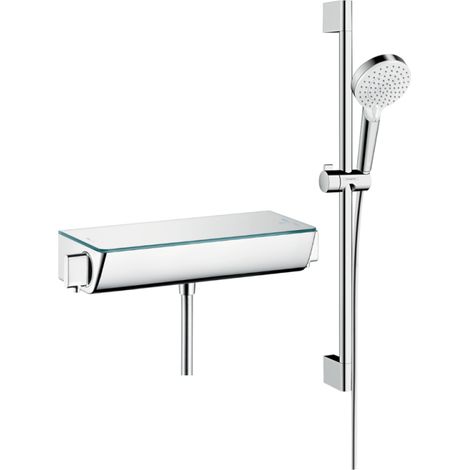 HANSGROHE Ecostat Select EcoSmart mezclador termostático de ducha cromado + pack rociador Croma 2 chorros + flexible + barra