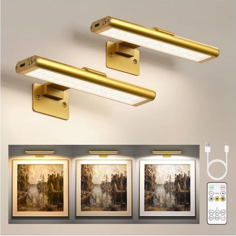 Wireless Picture Light, Rechargeable LED Wall Light with Remote Control, 3 Color Temperatures and Adjustable Dimming, Timer and Memory, for Paintings and Photos (Pack of 2, Gold) (1/5)