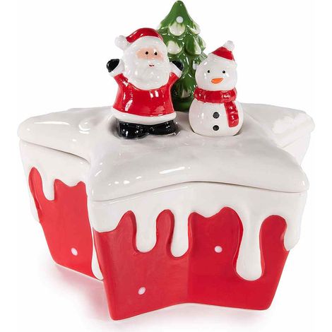 Barattoli / contenitori / biscottiere alimentari in ceramica a forma di stella con decoro Babbo Natale e pupazzo, set da 2 pezzi, cm 17 x 16 x 15 H