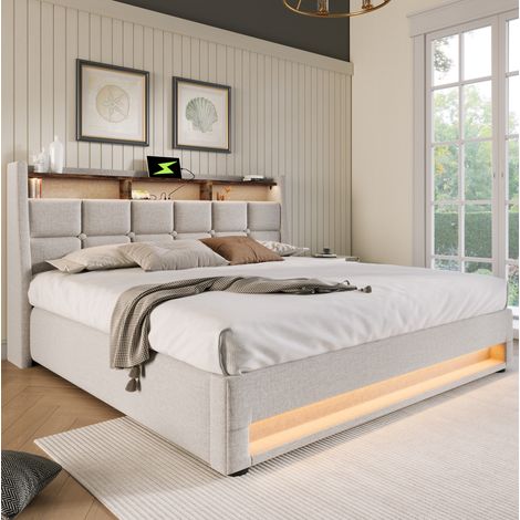 Bettgestell 180x200 cm Beige aus Leinen, mit LED, USB, Lattenrost und Stauraum mit Gasdruckfeder