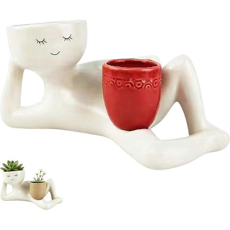 Jardinière Goofy Lazy Guy en résine pot de fleurs double compartiment amusant blanc (1/5)