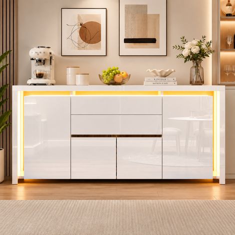 Buffet cuisine 160 cm, Meuble de rangement avec LED RGB pour Salon et Salle à Manger, avec 4 Portes et 2 Tiroirs, surface laquée brillante, Blanc (1/5)