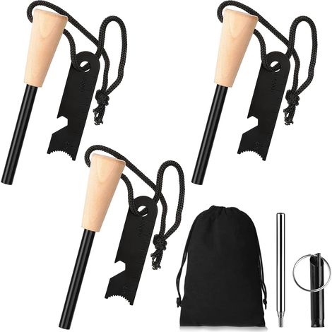 Pierre à feu, 3PCS Allume Feu Survie, Kit de Survie Firesteel avec Silex de Survie, Lanière de Cou, Grattoir Multi-Outils, Sifflet pour Randonnée Camping Chasse Living de Survie (1/5)