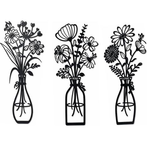 Décoration Mural avec Fleurs en Métal, Suspendu Art Mural en Fer, Sculpture Murale en Métal Noir, Déco Murale Noire Moderne en Forme de Vases à Fleurs pour Salon Chambre Couloir (1/5)